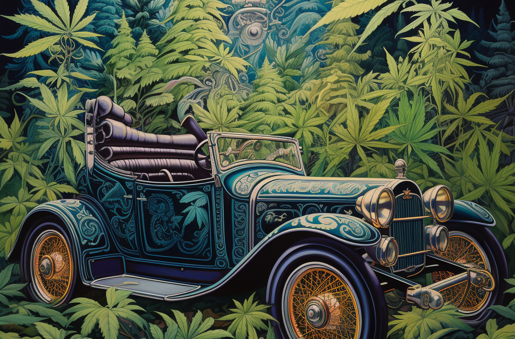 picture of a car with cannabis plants arround